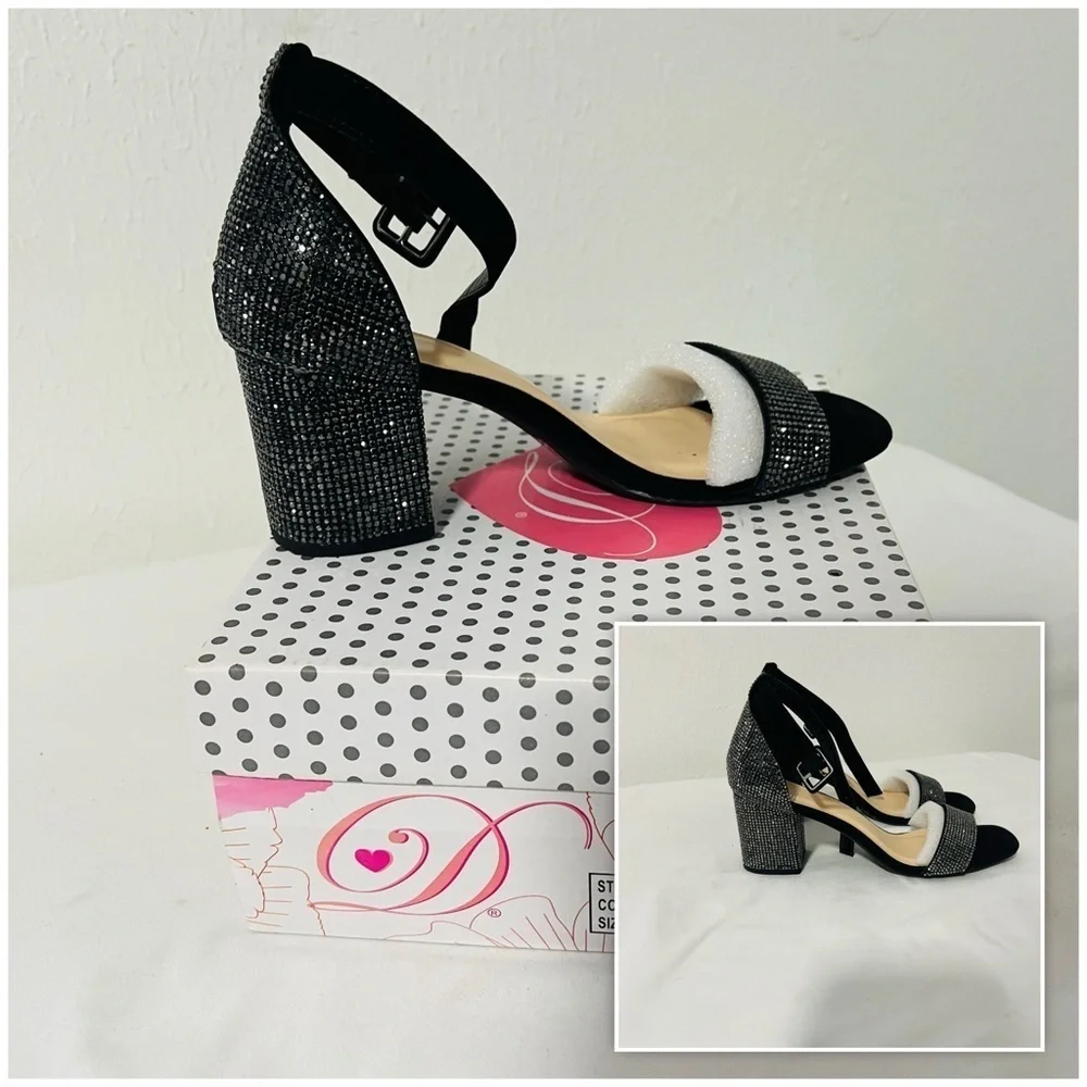 Delicious Women’s Size 6.5 Black Crete-S with Rhinestone Block Heels Open Toe